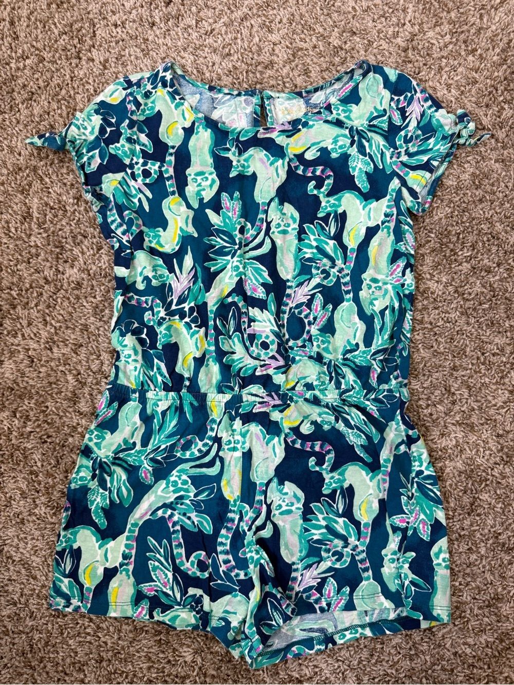 Lilly Pulitzer Girls XL Camryn Romper Tidal Wave Monkey Elastic Waist Cotton